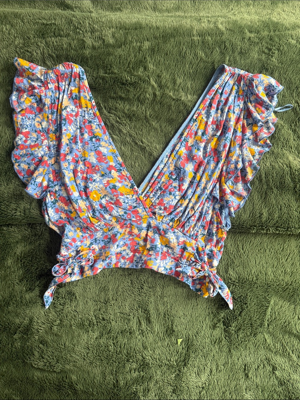 Free People Blue Floral Ruffle Wrap Crop Top